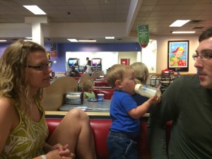 Sister + Husband gamely attended a kid birthday party at Chuck E. Cheese.  Note poor Baby's face - he spent a night with a mosquito.  He looks bad, but you shoulda seen the mosquito.