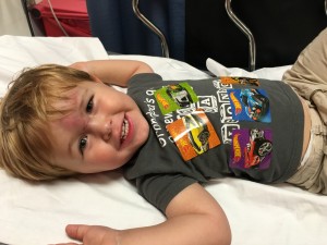 Still all smiles after the CAT scan - stickers everywhere
